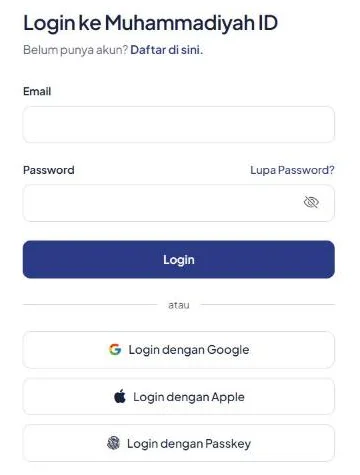 Halaman Login ke Muhammadiyah ID dengan kolom Email dan Password, serta tombol Login dengan Google, Apple, dan Passkey