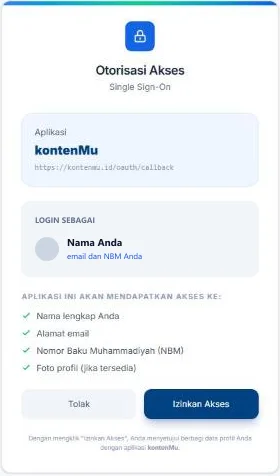 Halaman Otorisasi Akses DiasMu untuk aplikasi kontenMu dengan tombol Tolak dan Izinkan Akses